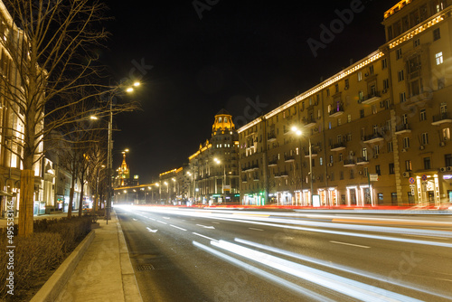 Photography Moscow, Russia, Mar 3, 2022: Night traffic at Bolshaya Sadovaya street (Garden ring)
