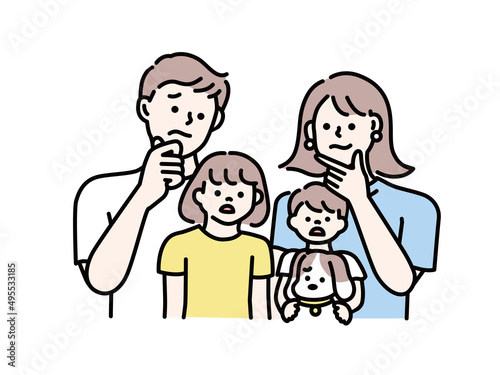 親子、両親、夫婦、家族のイラスト(悩む、考える、困る、結婚、子供) Illustrations of parents and children, parents, husband and wife, and family.agonize, think, be troubled, marry, child.