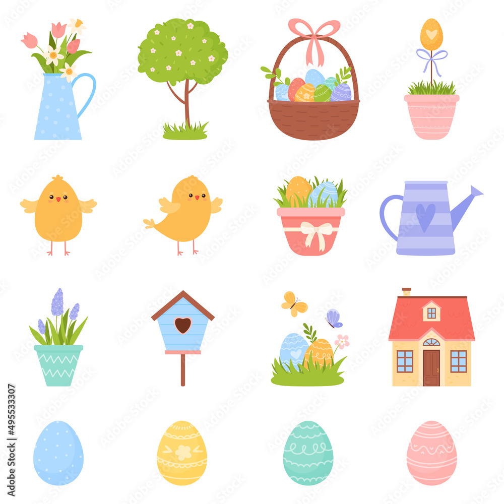 Collection of spring elements. Easter eggs, flowers, chickens, house. Flat cartoon style.
