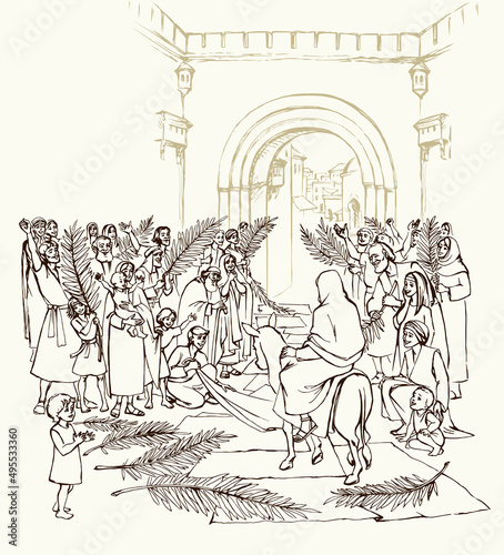 Jesus' Entry into Jerusalem. Vector drawing