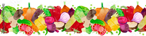 Hand-drawn watercolor vegetables seamless line border ornament. Ingredients such as carrot, beetroot, cabbage and chili. Cute illustration, for farmers market, products design, stickers or postcards