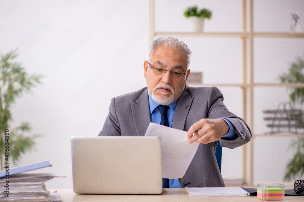 Old male employee working at workplace Old male employee working at workplace