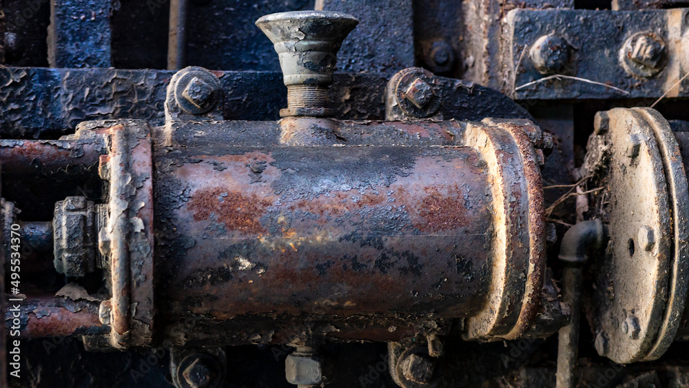 Grunge steampunk mechanical background of old railroad steam engine parts