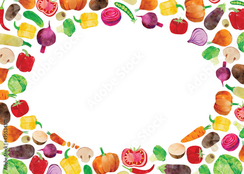 Hand-drawn watercolor vegetable frame border. Ingredients such as carrot, beetroot, cabbage and chili. Cute kidcore illustration, for farmers market, products design, stickers or postcards