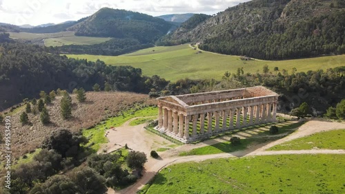 Temple of Segesta in the countryside of Sicily, Italy. Aerial view from drone