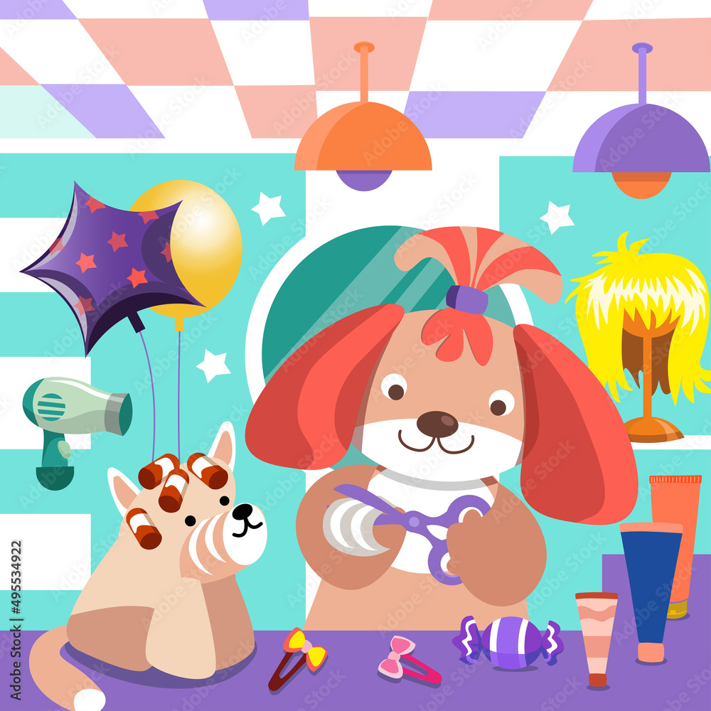 Funny dogs at barbershop. Cute cartoon characters. Vector illustration for children games, posters, books, puzzles.
