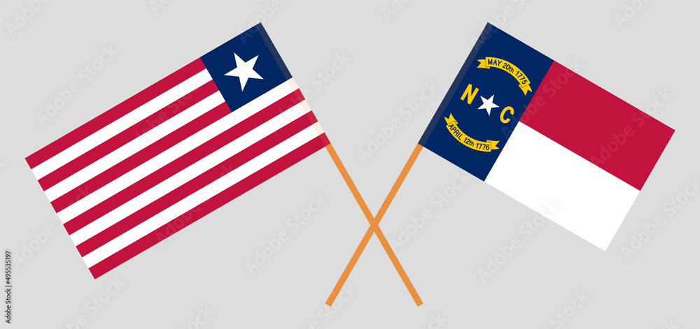 Crossed flags of Liberia and The State of North Carolina. Official colors. Correct proportion Crossed flags of Liberia and The State of North Carolina. Official colors. Correct proportion