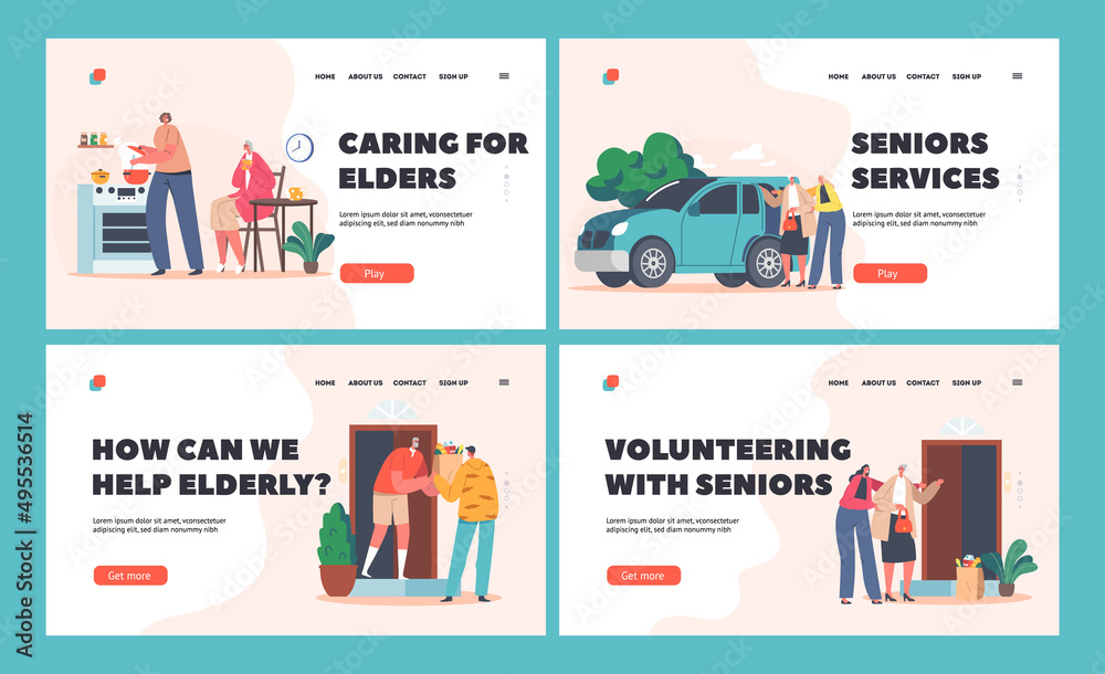 Support, Help or Assistance to Aged Persons Landing Page Template Set. Caregiver Characters Care of Elderly People
