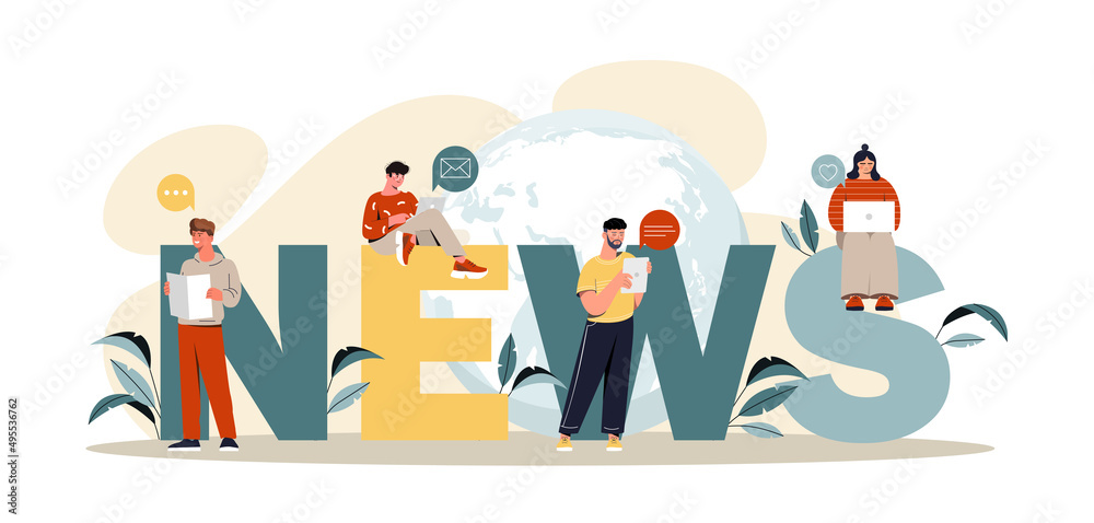 Concept of news. Characters with newspaper, laptop and other gadgets sitting on letters. Dissemination of information, mass media. Social networks and digital world. Cartoon flat vector illustration