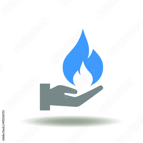 Vector illustration of hand with fire flame. Icon of gas production. Symbol of industry gasoline.