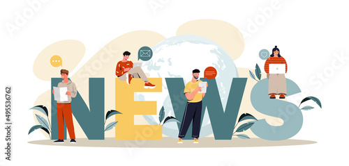 Concept of news. Characters with newspaper, laptop and other gadgets sitting on letters. Dissemination of information, mass media. Social networks and digital world. Cartoon flat vector illustration