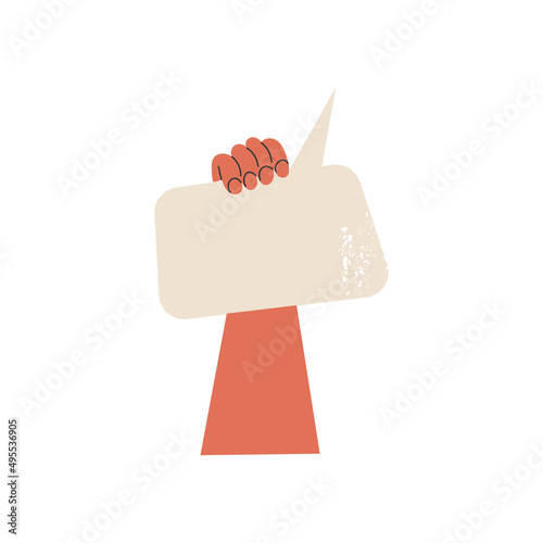 Man's hand up holding white speech bubble with idea comment information opinion or message. Voter with vote flat vector cartoon illustration. One person arm with poll card isolated on background