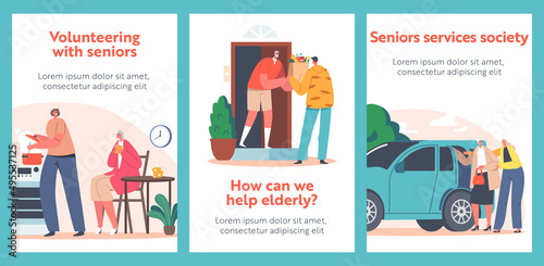 Support, Help or Assistance to Aged Persons Banners. Caregiver Characters Care of Elderly People Bring Food, Cooking