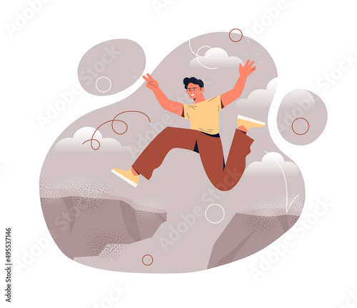 OIvercoming obstacles concept. Guy jumps over cliff. Happy and talented character. Poster or banner for website. Leadership and motivation, talented businessman. Cartoon flat vector illustration