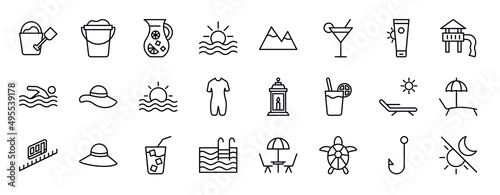 summer editable line icons set. summer thin line icons collection. sand bucket and shovel, sand bucket, sangria, ocean, mountains, bar, sunscreen vector illustration.