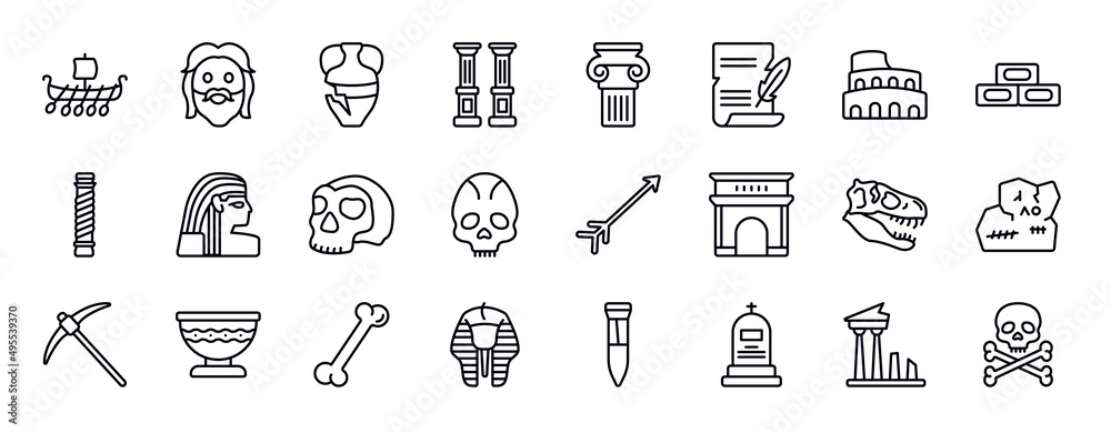 history editable line icons set. history thin line icons collection. viking ship, face, archaeological, columns, , poster, colosseum vector illustration. - obrazy, fototapety, plakaty 