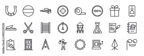 miscellaneous editable line icons set. miscellaneous thin line icons collection. horseshoes, german, flame thrower, swiss, adhesive tape, 100 percent, wrapped gift vector illustration. photo