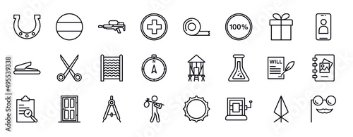 miscellaneous editable line icons set. miscellaneous thin line icons collection. horseshoes, german, flame thrower, swiss, adhesive tape, 100 percent, wrapped gift vector illustration.
