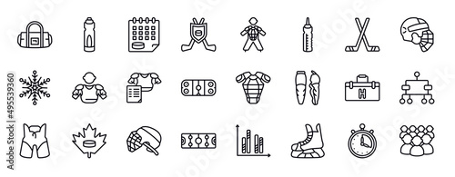 hockey editable line icons set. hockey thin line icons collection. bag, drink, schedule, emblem, hockey player, water bottle, stick vector illustration.