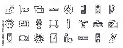 hardware editable line icons set. hardware thin line icons collection. device manager, network interface card, wacom, random access memory, , computer case, loudspeakers vector illustration.