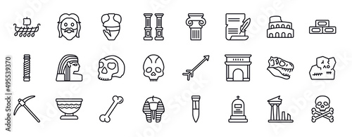 history editable line icons set. history thin line icons collection. viking ship, face, archaeological, columns, , poster, colosseum vector illustration.