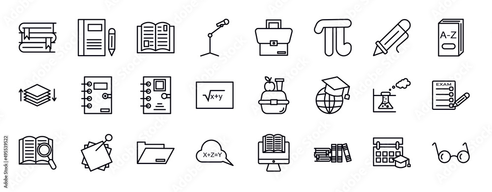 education editable line icons set. education thin line icons collection. stack of books, closed book with marker, reading an open book, microphone with stand, case, pi, ballpoint pen vector. - obrazy, fototapety, plakaty 