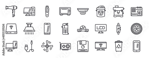 electronic devices editable line icons set. electronic devices thin line icons collection. blow dryer, personal computer, trimmer, convection oven, smoke detector, pressure cooker, espresso maker