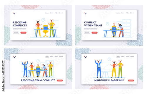 Team Conflict Landing Page Template Set. Business Men and Women Enemies Opponents Arguing and Staring Each Other