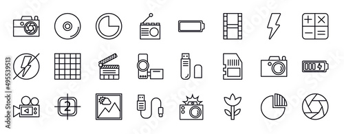 electronic stuff fill editable line icons set. electronic stuff fill thin line icons collection. compact camera, compact disc, three quarters, radio, empty battery, film roll, blitz flash vector.