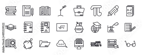 education editable line icons set. education thin line icons collection. stack of books, closed book with marker, reading an open book, microphone with stand, case, pi, ballpoint pen vector.