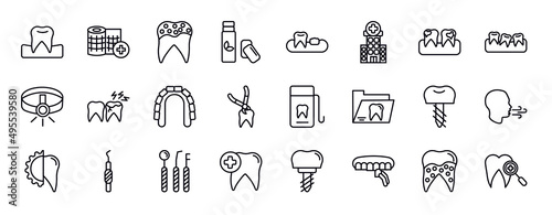 dentist editable line icons set. dentist thin line icons collection. occlusal, gauze, holed tooth, chewing gum, partial denture, clinic, dental plaque vector illustration.