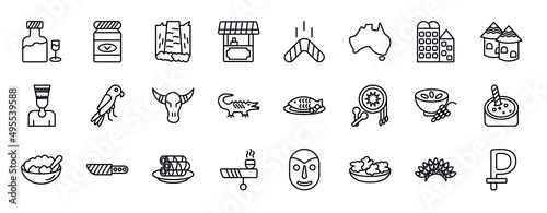 culture editable line icons set. culture thin line icons collection. orujo, vegemite, maletsunyane, food stall, australian boomerang, australian continent, bo kaap vector illustration.