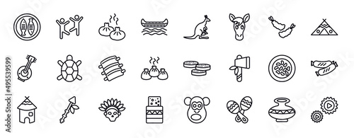 culture editable line icons set. culture thin line icons collection. imperial carp, capoeira brazil dancers, steamed bread, native american canoe, australian kangaroo, horse head, fried shrimp vector