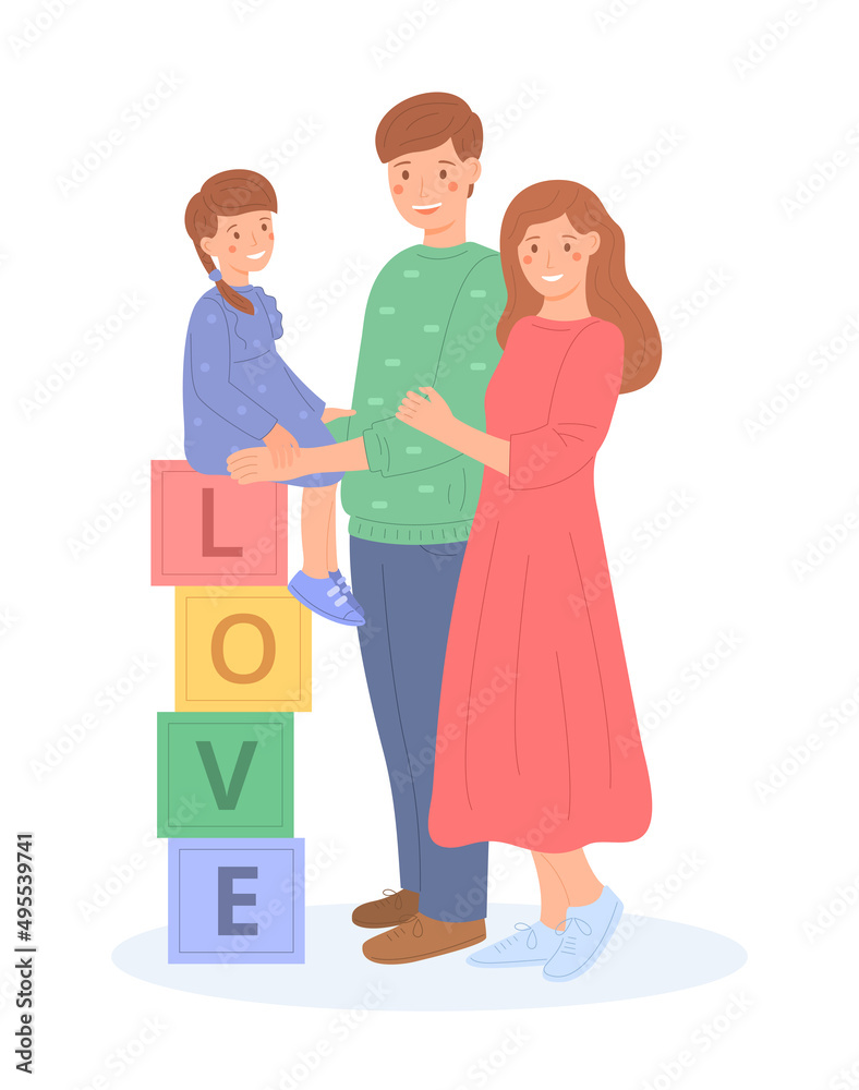 Young family kid together, flat style. Happy parents standing next to their little daughter, who is sitting on cubbies. Family values. Peace. Cute illustration, isolated on white background.