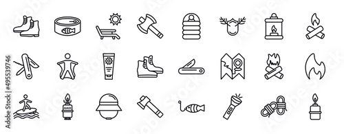camping editable line icons set. camping thin line icons collection. boot, canned food, deck chair, axes, sleeping bag, hunting trophy, fire lamp vector illustration.