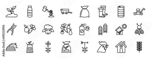 agriculture farming editable line icons set. agriculture farming thin line icons collection. plant sprout, milk jar, watering, farm trailer, sack, farmer boots, barrell vector illustration.