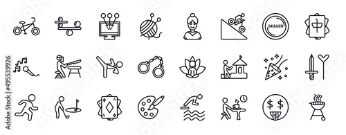 activity and hobbies editable line icons set. activity and hobbies thin line icons collection. bmx, balancing, collecting, yarn ball, ballerina, downhill, dealer vector illustration.