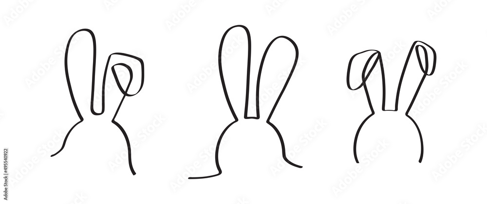 Fototapeta premium Easter bunny continuous one line vector icon, drawing rabbit outline cute animal, minimal contour ears hare, doodle element face, black silhouettes set. Funny simple illustration