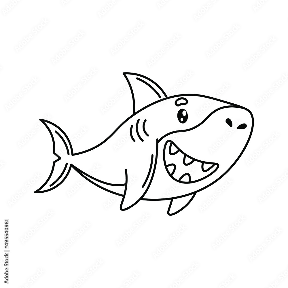 Shark. A black and white cartoon character of an ocean fish. children's drawing Shark. A black and white cartoon character of an ocean fish. children's drawing