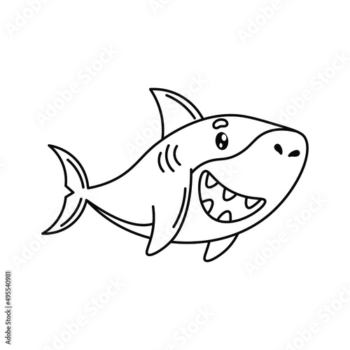 Shark. A black and white cartoon character of an ocean fish. children s drawing