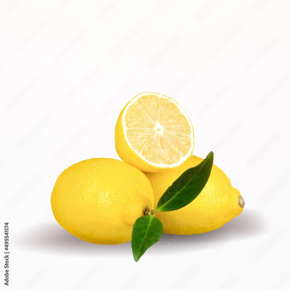 Lemon fruits with branch and leaves on background.