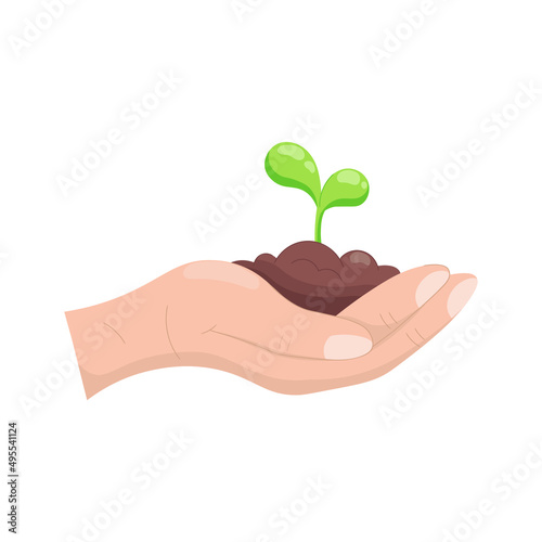 A hand with young shoots of plants. Save nature. Growing Agriculture Sprouts in hand