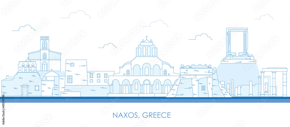 Outline Skyline panorama of  Naxos, Cyclades Islands, Greece - vector illustration