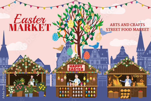Easter Market poster, Holiday City Spring Fair. Easter Tree wooden stalls decorated flowers, colored Easter eggs, bunny, baking. Europe architecture background. Vector illustration