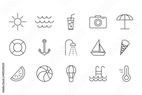 Vector summer beach travel holiday icons collection on white background. Set of summer beach icons with thin line black and white