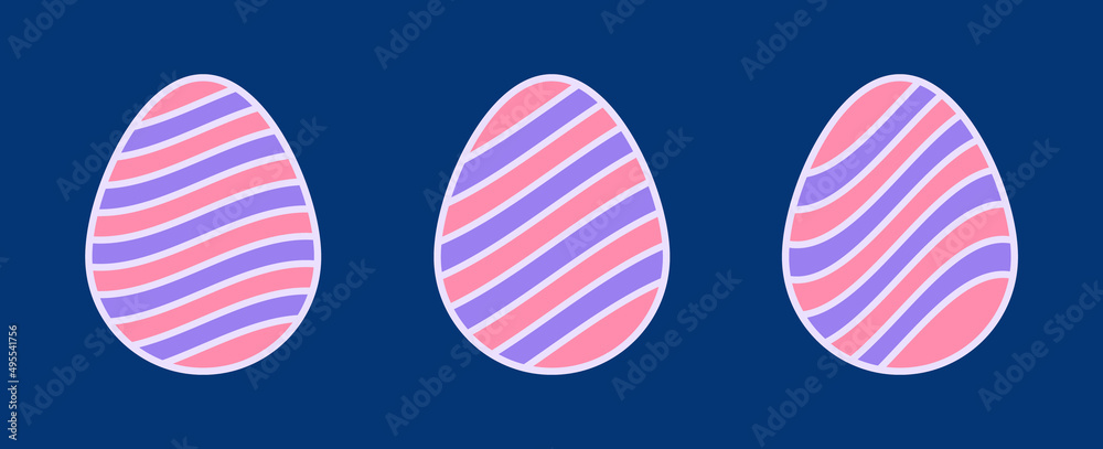 Fototapeta premium Set of Easter Egg Illustrations. Flat Style Easter Eggs with Stripe Patterns Isolated on Blue Background