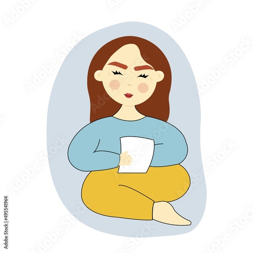 Woman reading book while sitting comfortable. Girl with white book in hands.Female with brown hair doing notes in book.