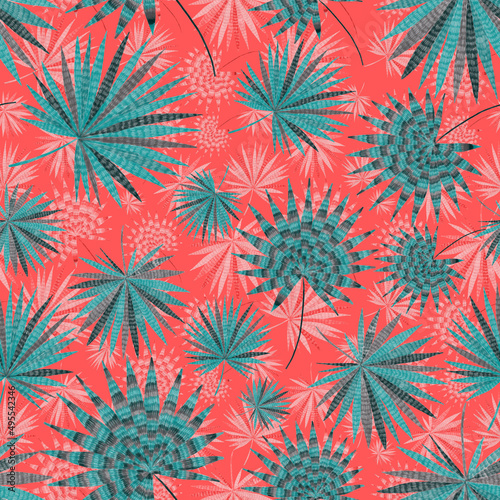 Modern abstract seamless pattern with creative colorful tropical leaves. Retro bright summer background. Jungle foliage illustration. Swimwear botanical design. Vintage exotic print. 