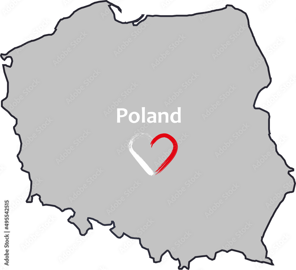 Contour Poland state borders with gray colour; Lines vector map with white-red heart in national flag colours on white backgroud