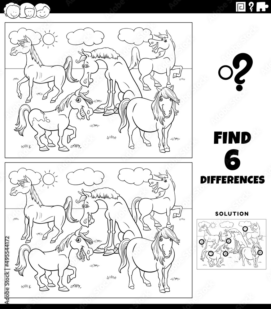 differences game with cartoon animals coloring book page